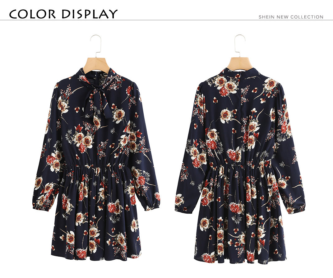 Tie Neck Flower Print Dress Sheinsheinside 