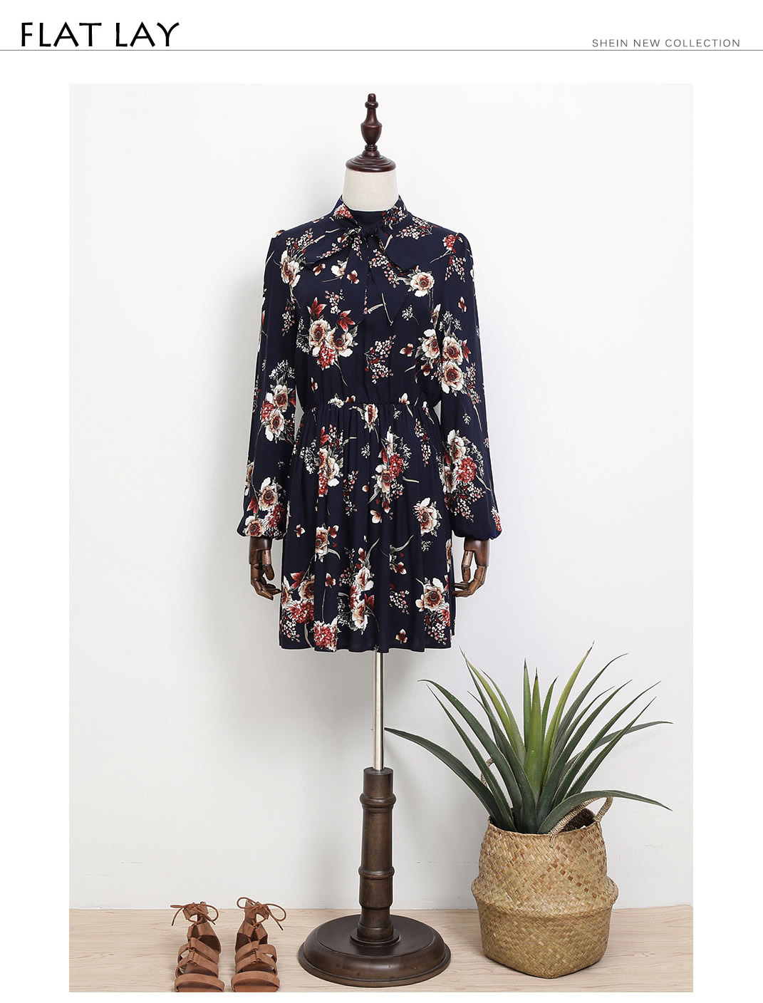 Tie Neck Flower Print Dress Sheinsheinside 